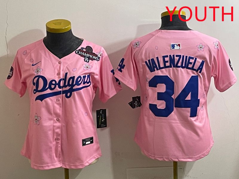 Youth Los Angeles Dodgers #34 Valenzuela Pink Sakura Edition 2025 Nike MLB Jersey style 37->youth mlb jersey->Youth Jersey